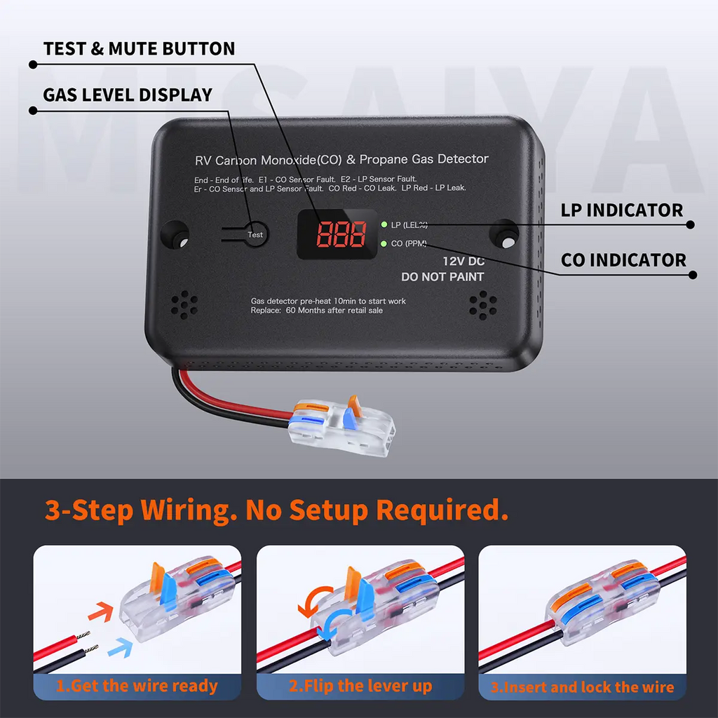 MISAIYA 2-in-1 RV Propane & Carbon Monoxide Detector, UL 2034/1484 Compliant 12V DC Gas Alarm with Real-Time Digital Display, Universal Surface Mount for Campers & Trailers