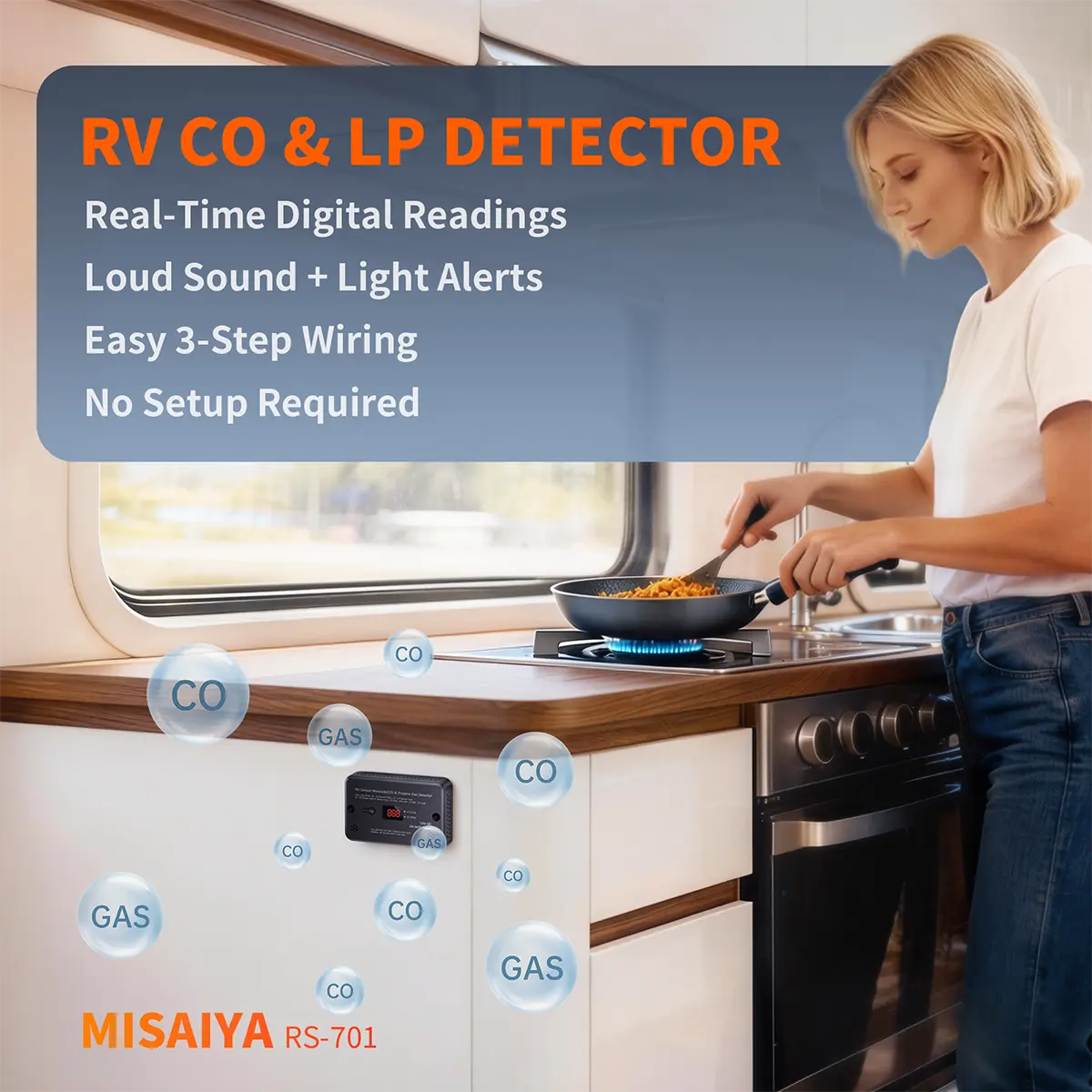 MISAIYA 2-in-1 RV Propane & Carbon Monoxide Detector, UL 2034/1484 Compliant 12V DC Gas Alarm with Real-Time Digital Display, Universal Surface Mount for Campers & Trailers